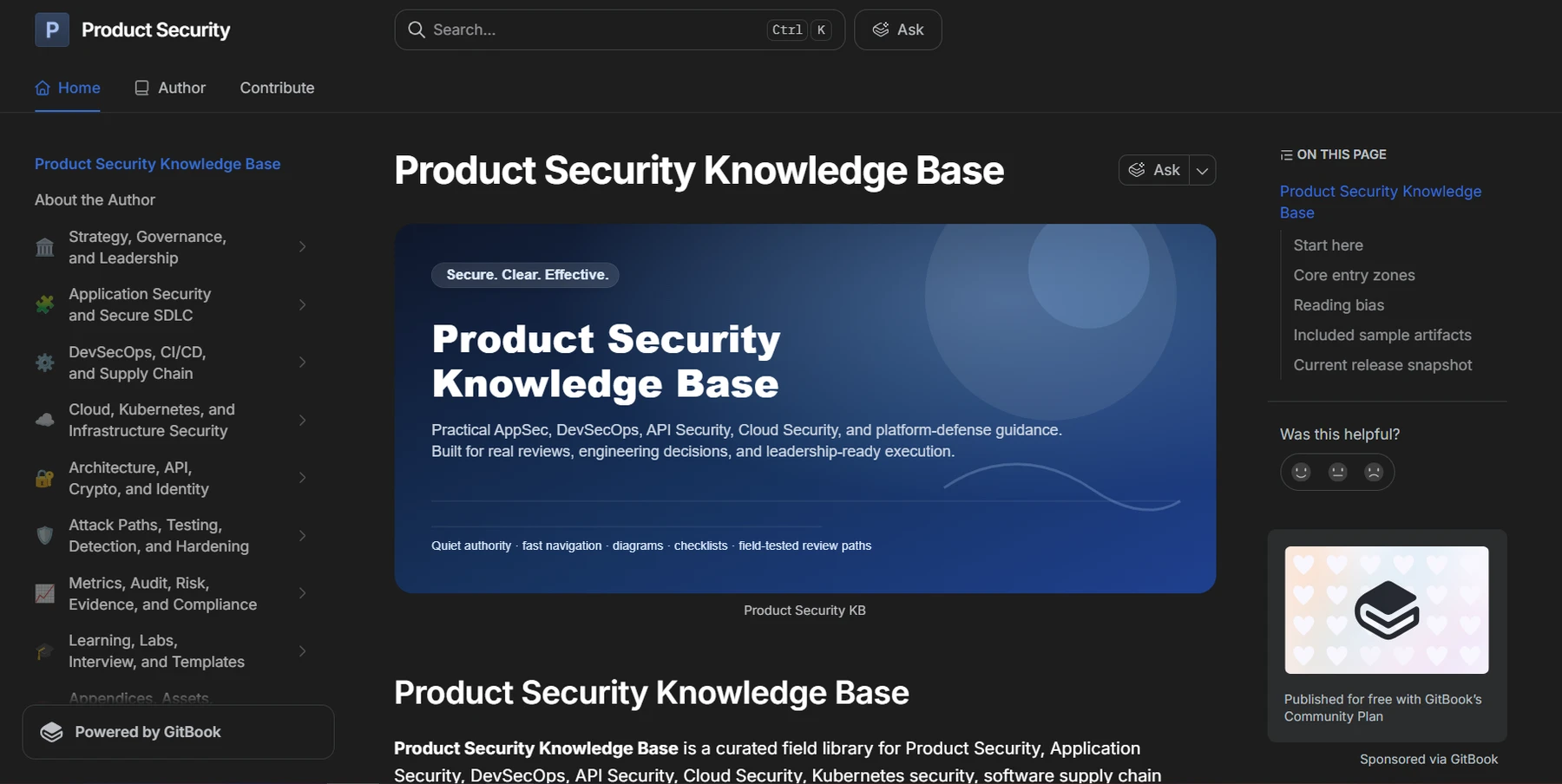 Preview of the Product Security Knowledge Base GitBook interface with structured navigation, topic categories, and documentation content.