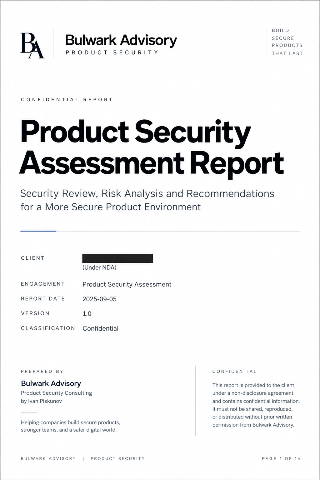 Illustrative Bulwark Advisory Product Security Assessment Report cover