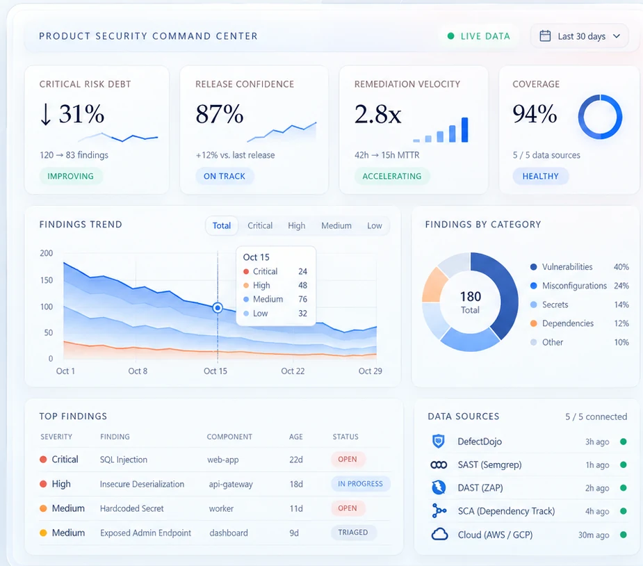 Product Security command center dashboard with risk, release confidence, remediation, findings trends, and data sources.